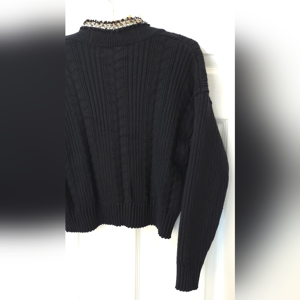 Cider Black Preppy Cable Knit Cardigan w/ Golden Trim & Buttons Size M - Picture 7 of 7